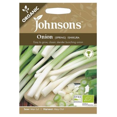 Packaged seeds for Johnsons Organic Spring Onion Ishikura, featuring a green and brown design with images of slender, white and green onion stems, labeled as easy to grow and organic.