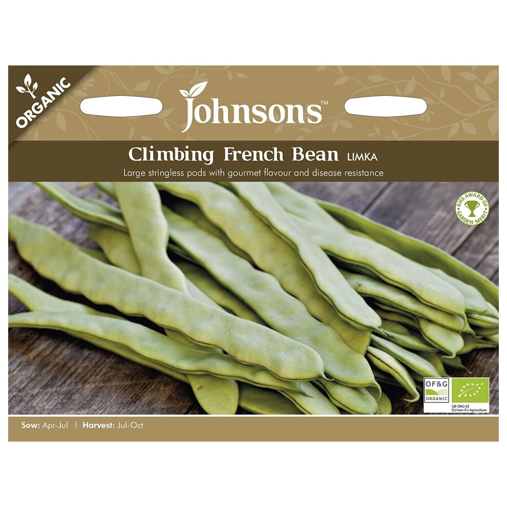 Packaged organic Climbing French Bean Limka seeds by Johnsons Seeds, featuring large stringless green pods, with a brown background and clear sowing and harvesting details.
