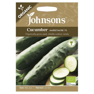 Packaged seeds for Johnsons Organic Vegetable Cucumber Marketmore 70, featuring a green and brown design, with images of cucumbers and sliced pieces, labeled as organic.