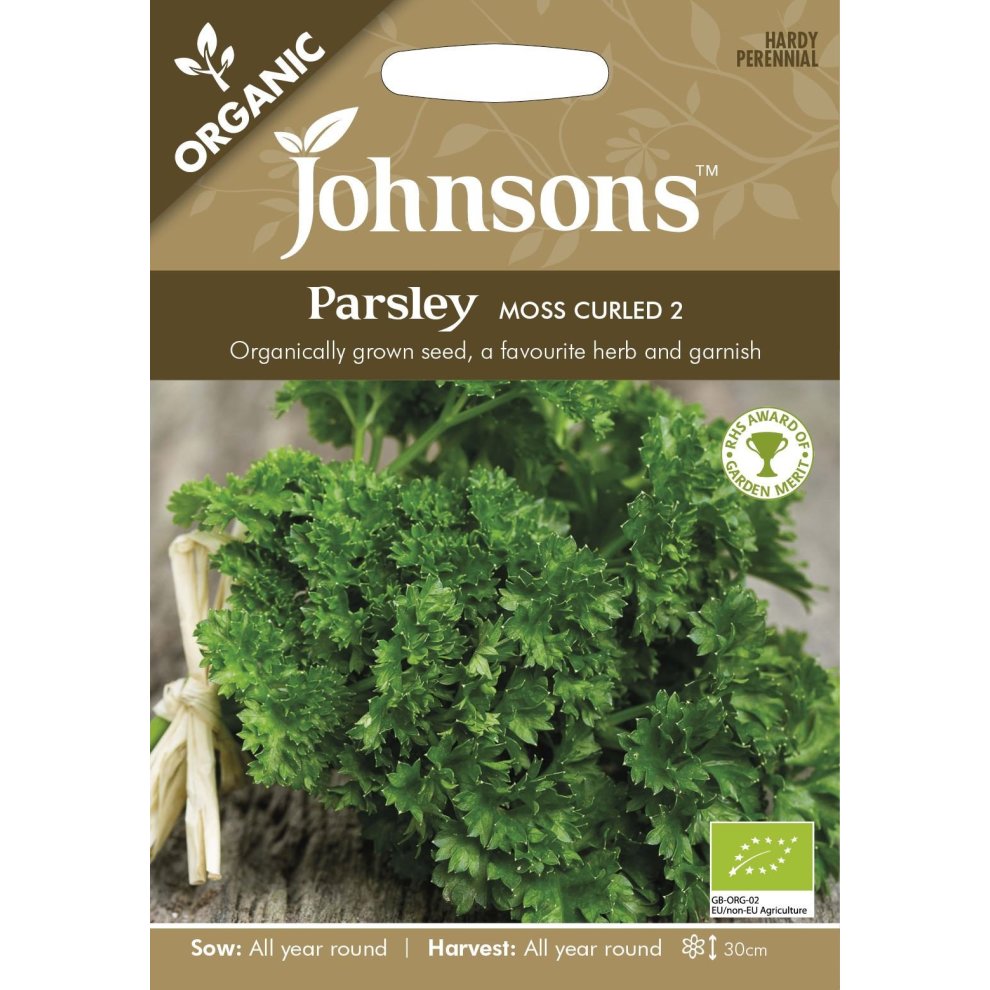 Green packaging featuring "Johnsons" logo and "Organic Parsley Moss Curled 2" text, with a close-up of fresh, curly parsley, highlighting its vibrant green color and lush texture.