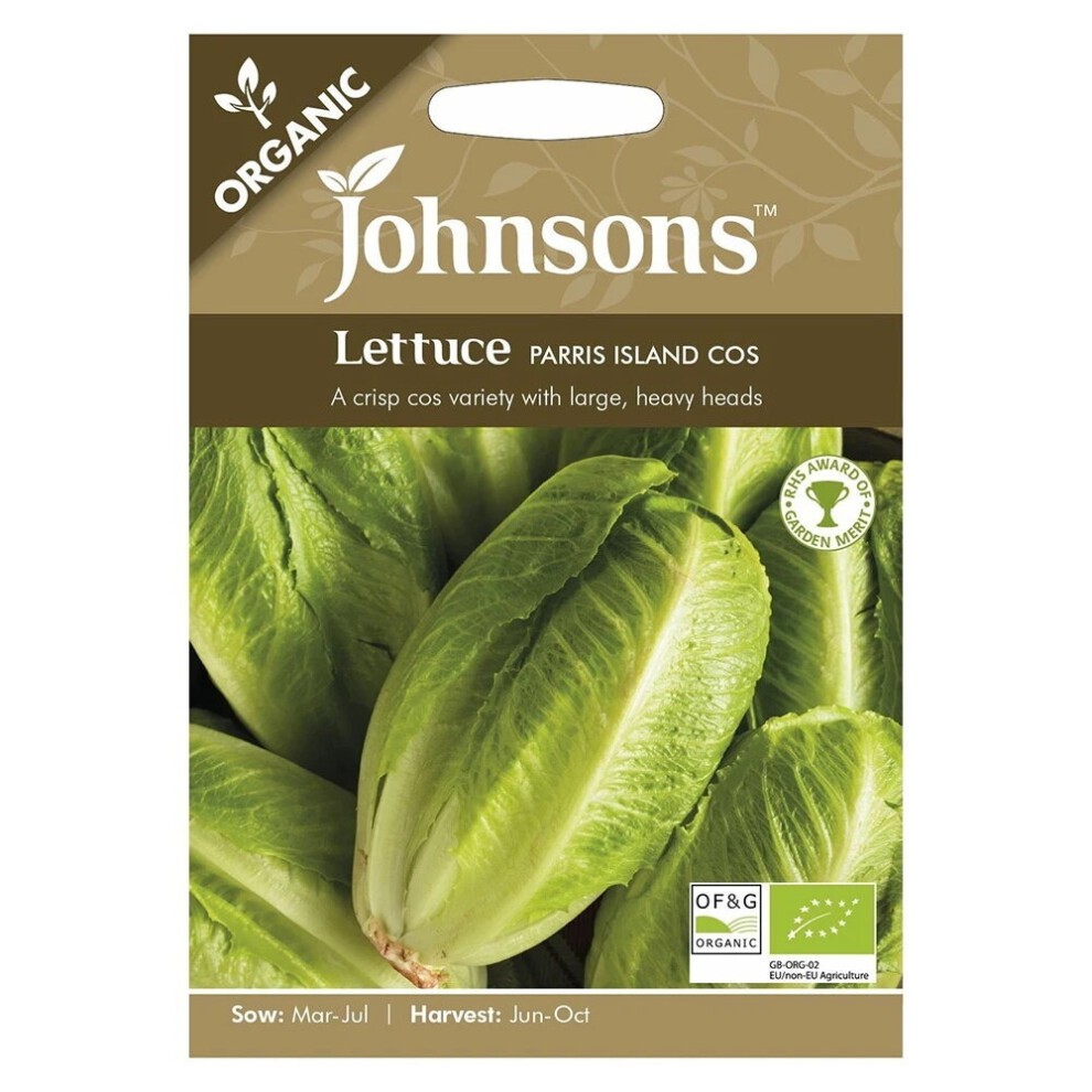 Organic Johnsons Lettuce Parris Island Cos seeds packaging features a green background with crisp lettuce heads, labeled with sowing and harvesting details.