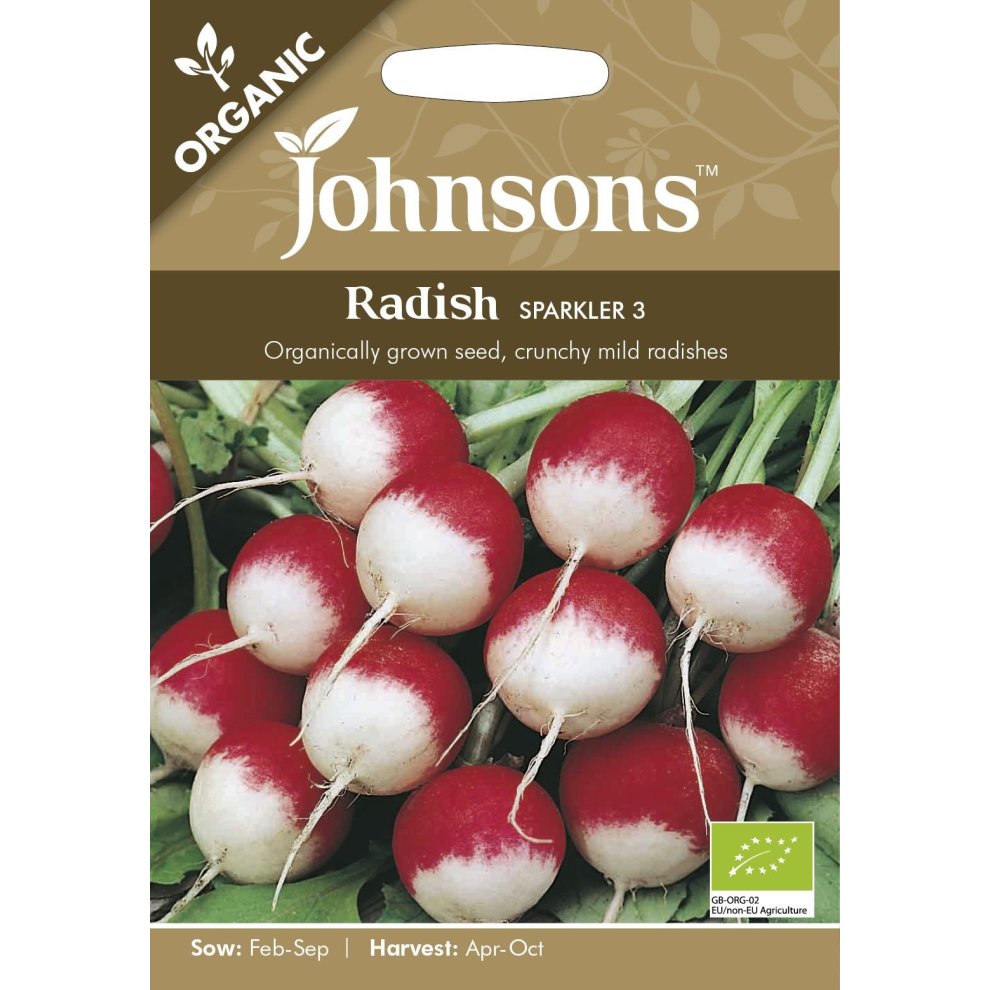 Pictorial seed packet for Johnsons Seeds featuring Radish Sparkler 3, showcasing red and white radishes, labeled as organic with sowing and harvesting details.