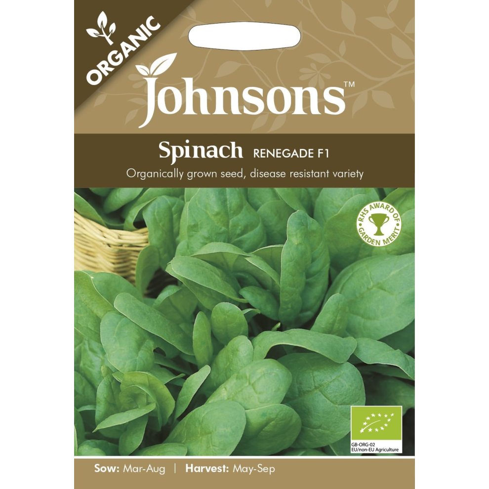 Johnsons Seeds organic spinach Renegade F1 pack features vibrant green spinach leaves, a clear label with sowing and harvesting details, and an eco-friendly design.