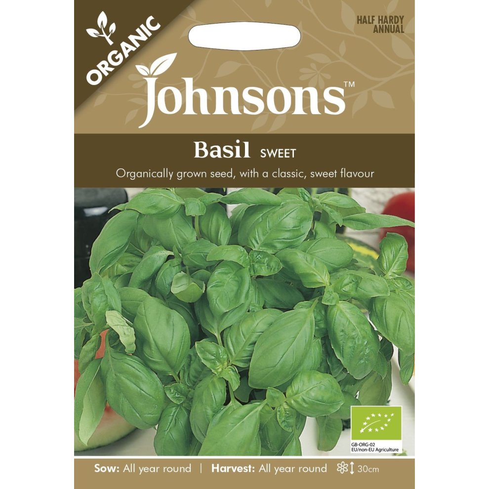 Pictorial seed pack for Johnsons' Organic Basil Sweet, featuring vibrant green basil leaves, with details on sowing and harvesting on a light background.