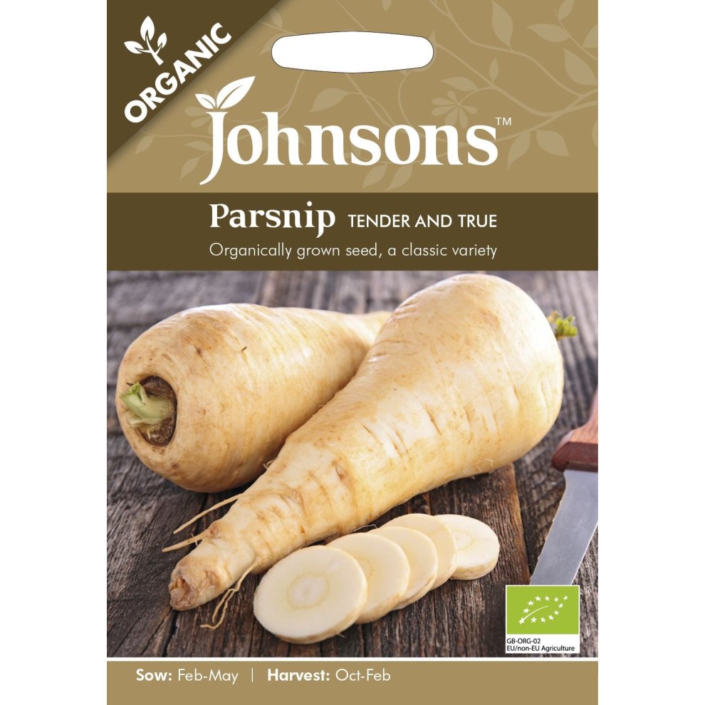 Pictorial seed pack for Johnsons organic parsnip "Tender & True," featuring two parsnips on a wooden surface, with a green and brown design and clear sowing and harvesting details.