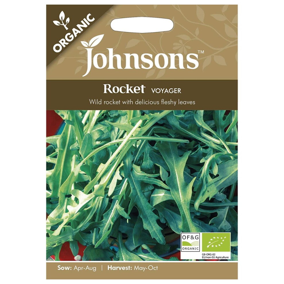 Packaged seeds for Johnsons Organic Rocket, featuring vibrant green, fleshy salad leaves, with a brown and green label highlighting "Voyager" and organic certification.