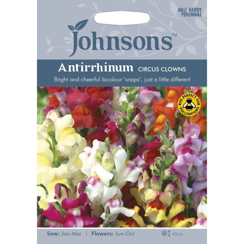 Brightly colored seed packet featuring Antirrhinum Circus Clowns flowers in shades of red, yellow, and white, with a cheerful design and planting details.