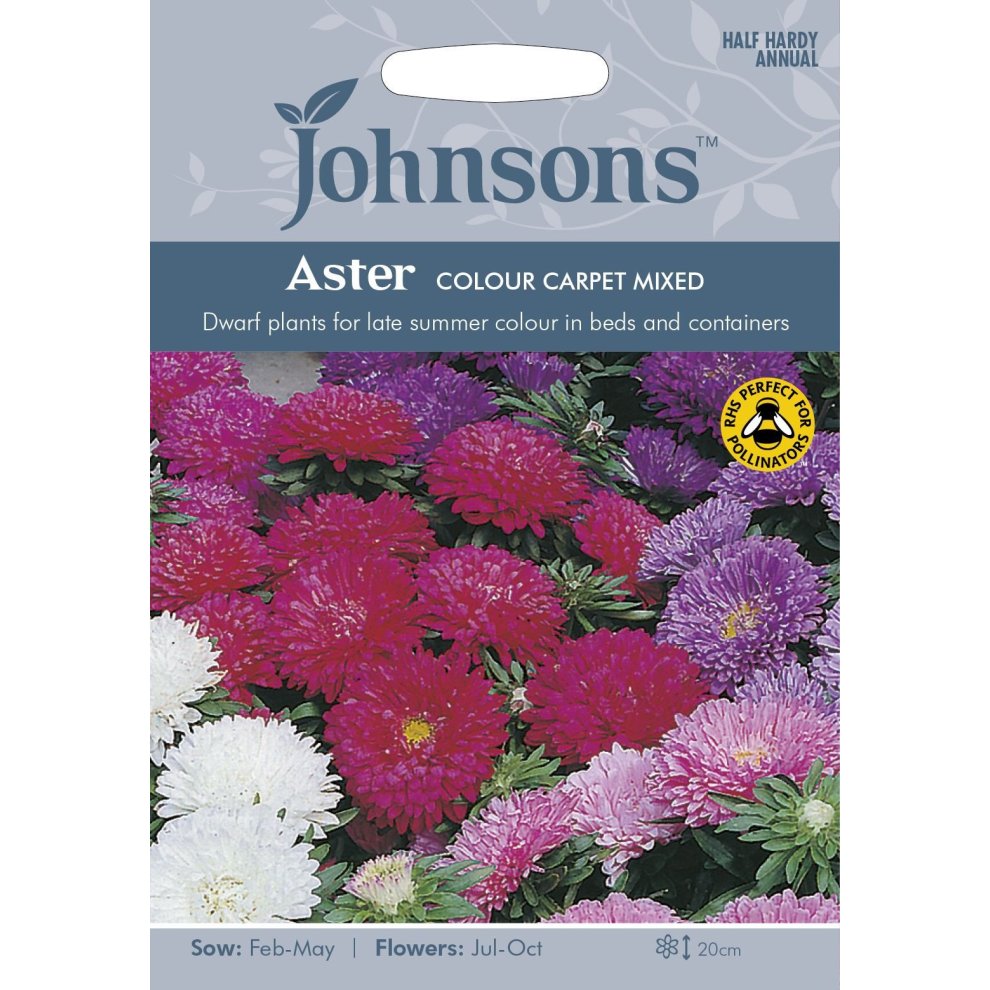 Johnsons Seeds Aster Colour Carpet Mixed seed pack features vibrant purple, pink, and white flowers, with a clear sowing guide and pollinator-friendly label on a colorful background.