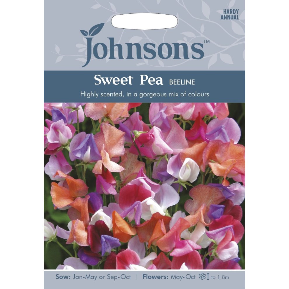 Brightly colored seed packet featuring Sweet Pea Beeline flowers in shades of pink, purple, and orange, with planting instructions and branding from Johnsons Seeds.