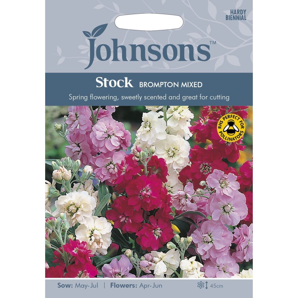 Pictorial seed pack featuring vibrant Stock Brompton mixed flowers in shades of pink, purple, and white, with sowing and flowering details prominently displayed.