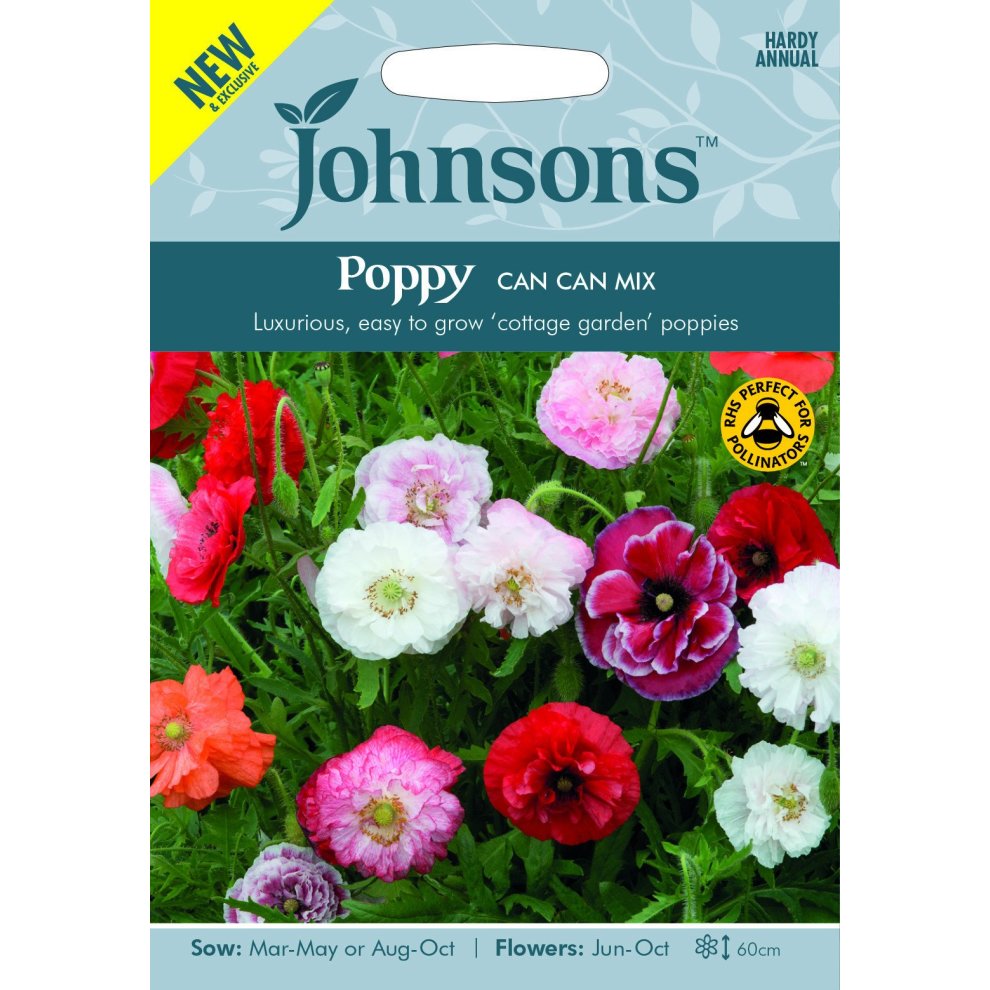 Brightly colored seed packet featuring a mix of poppy flowers in pink, red, and white, with text highlighting "Johnsons - Flower - Poppy Can-Can Mix - 1000 Seeds" and gardening details.