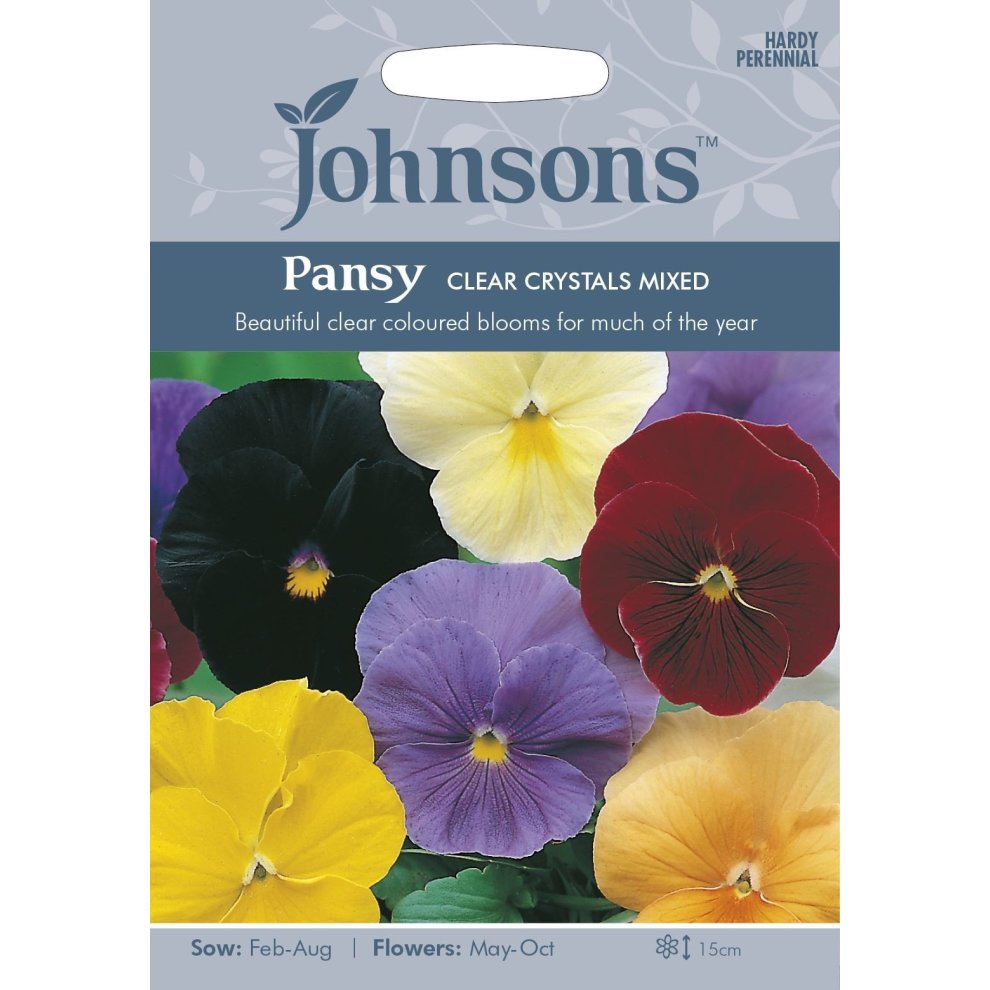 Pansy Clear Crystals Mixed seed packet featuring vibrant flowers in purple, yellow, and red, with sowing instructions and blooming details on a light blue background.