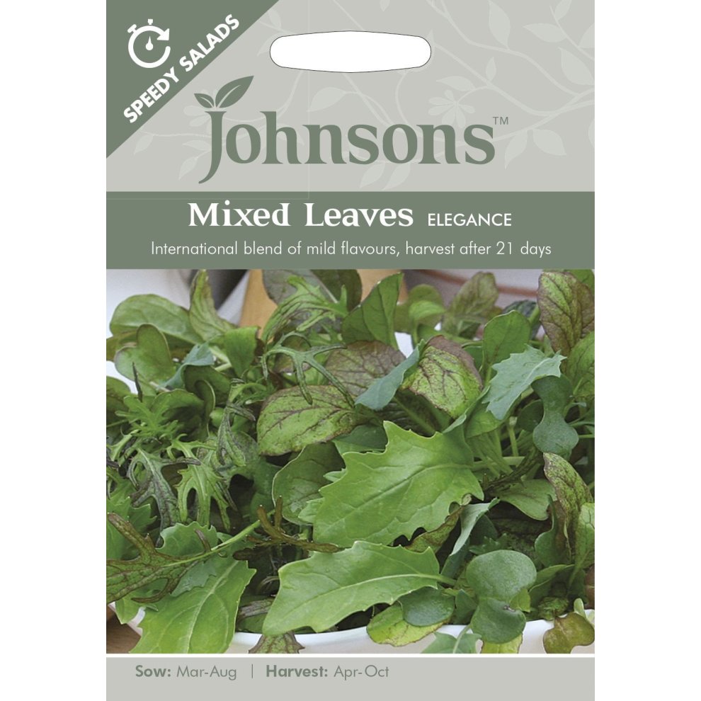 Packaged seeds for Johnsons Mixed Leaves - Elegance, featuring a variety of leafy greens with vibrant colors and a clear sowing and harvesting guide on a light background.