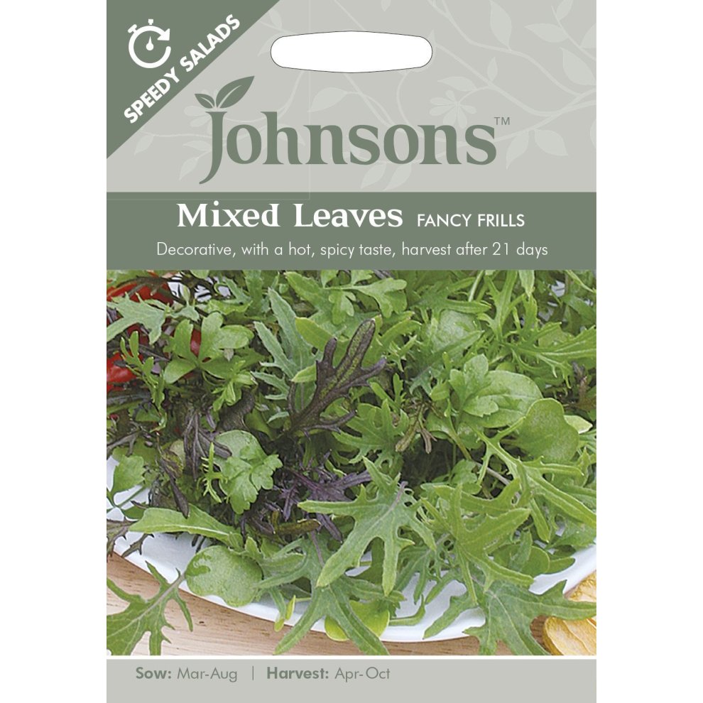 Pictorial seed packet featuring mixed leaves 'Fancy Frills' by Johnsons Seeds, showcasing vibrant greens and a decorative design, with sowing and harvesting details.