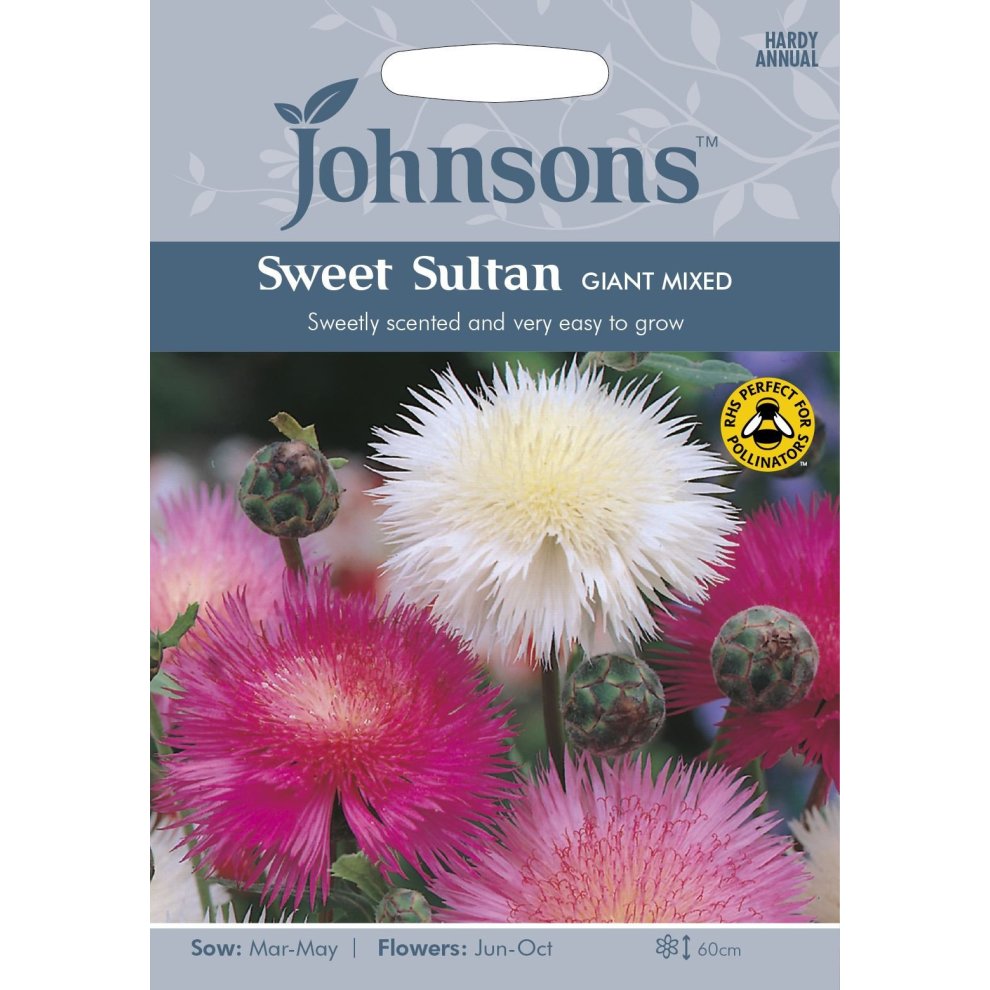 Pictorial seed packet featuring Johnsons Seeds branding, showcasing vibrant pink and white Sweet Sultan flowers, with sowing and flowering details listed.