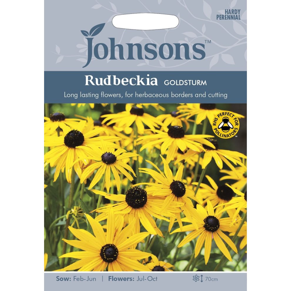 Bright yellow Rudbeckia Goldsturm flowers with dark centers on the seed packet, featuring a blue-gray background and clear sowing instructions for Johnsons Seeds.