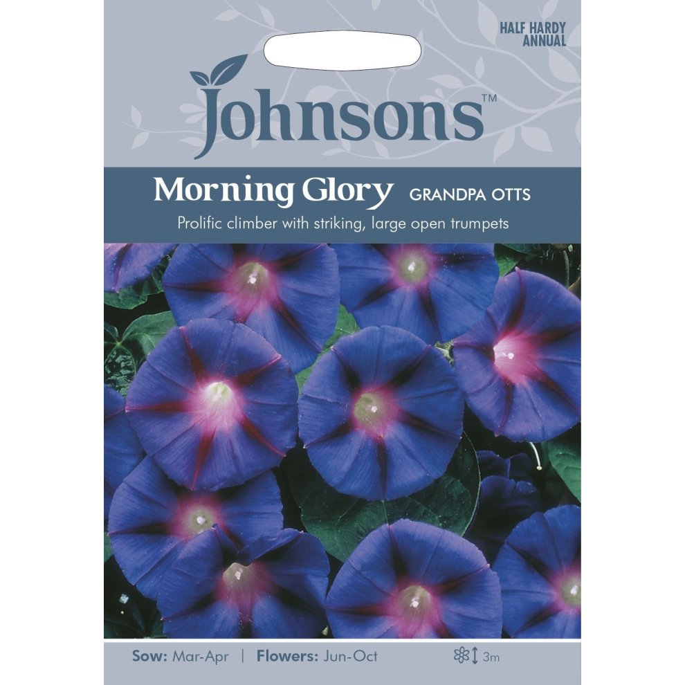 Pictorial seed pack featuring vibrant blue and purple Morning Glory flowers with large open trumpets, labeled "Johnsons" and "Grandpa Otts," highlighting sowing and flowering details.