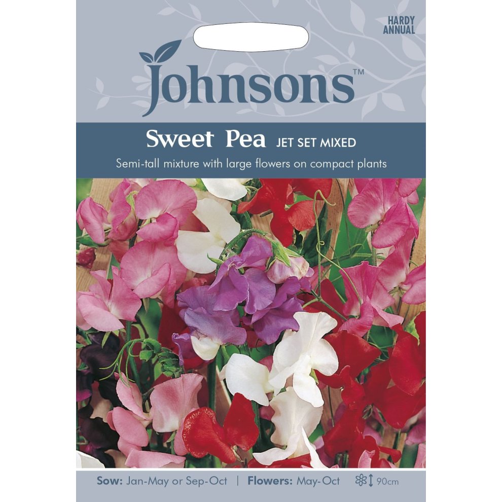 Johnsons Seeds packet featuring "Sweet Pea Jet Set Mixed," showcasing vibrant pink, purple, and white flowers, with sowing and flowering details on a colorful background.