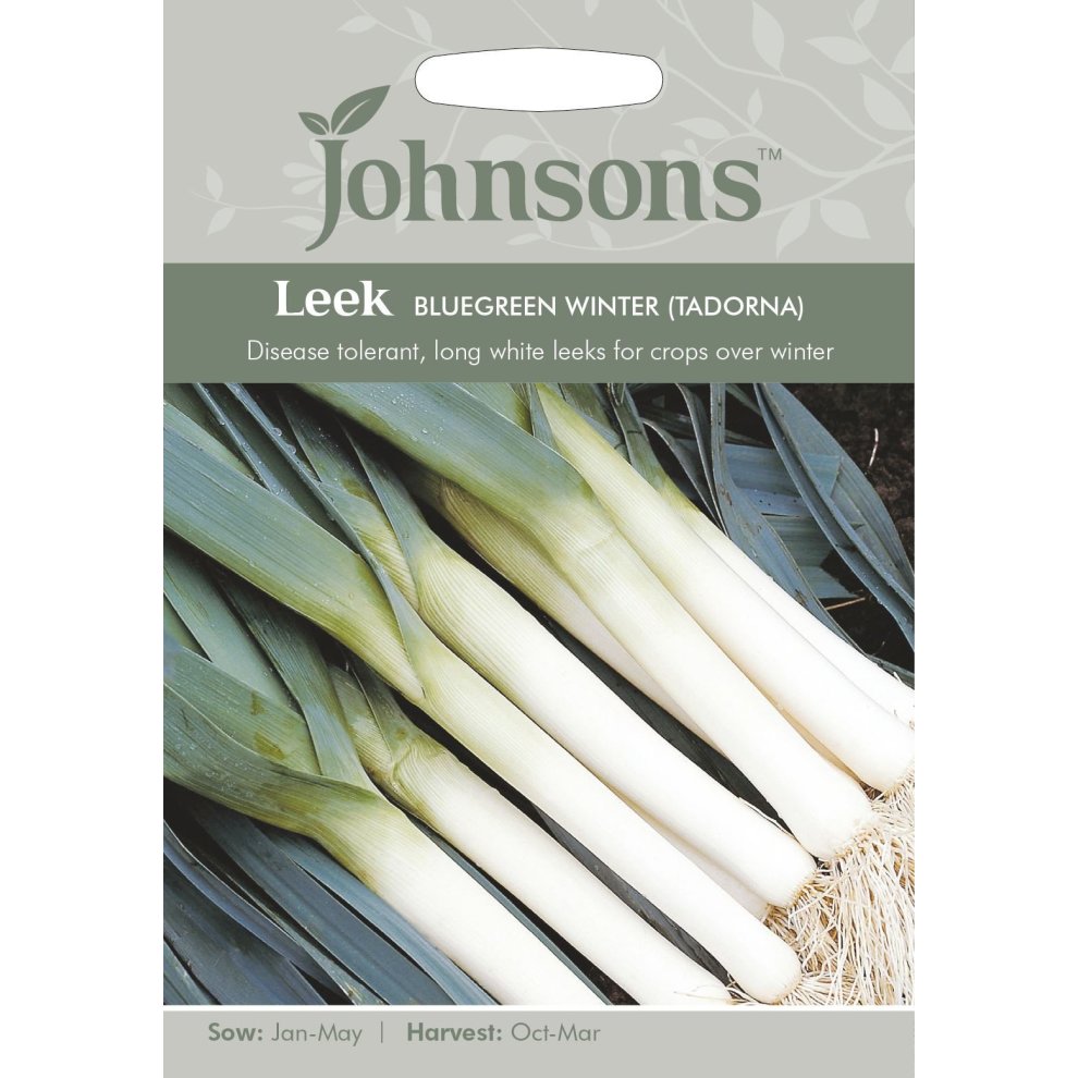 Pictorial seed pack for Johnsons Seeds featuring Bluegreen Winter leeks, showcasing long white leeks with green tops, labeled with sowing and harvesting information.