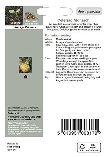 Pictorial seed pack for Celeriac Monarch by Johnsons Seeds, featuring green and brown illustrations, with detailed planting instructions and a seed count of 250.