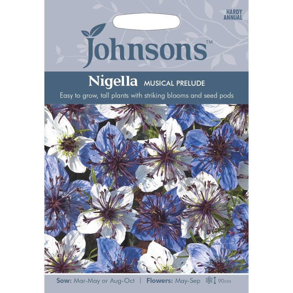 Pictorial seed pack featuring vibrant blue and white Nigella flowers, labeled "Musical Prelude," with sowing and flowering details on a light background.