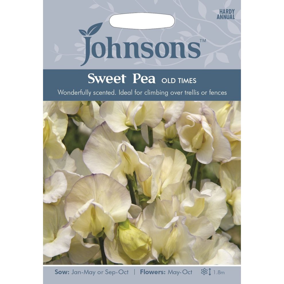 Packaged seed packet featuring Johnsons Seeds branding, with a light blue background and an image of creamy white sweet pea flowers; labeled "Sweet Pea Old Times" with planting details.