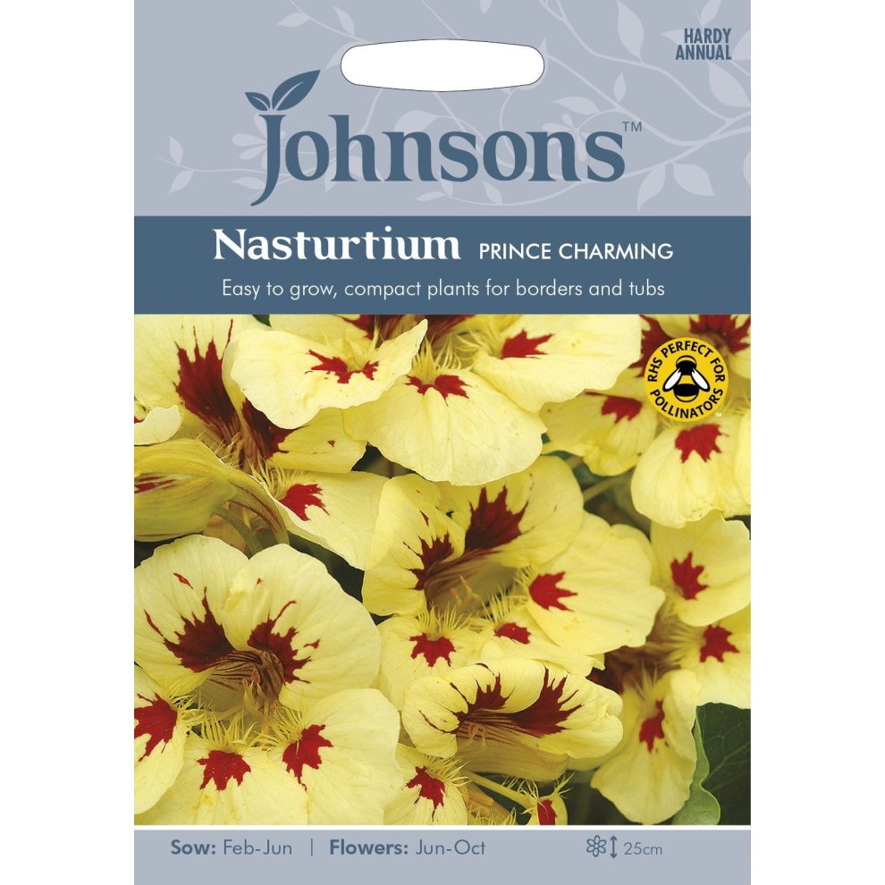 Packaging for Johnsons Seeds featuring Nasturtium Prince Charming, showcasing pale yellow flowers with red markings, labeled with sowing and flowering information.
