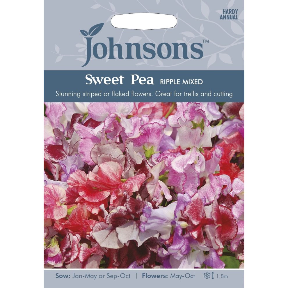 Colorful packet of Johnsons Sweet Pea Seeds - Ripple Mixed, featuring vibrant pink, purple, and white striped flowers, with sowing and flowering details on the front.