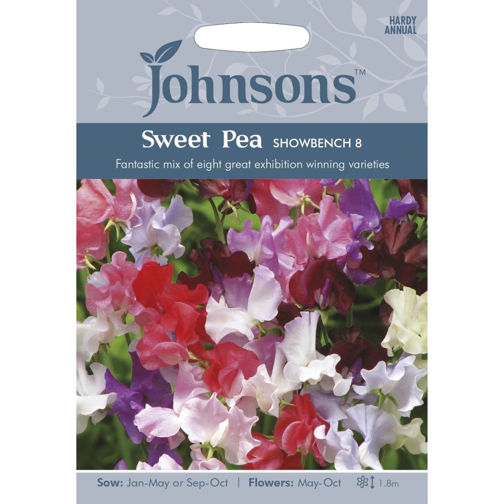 Pictorial seed pack featuring vibrant Sweet Pea flowers in shades of pink, purple, and white, labeled "Johnsons Seeds - Showbench 8," with sowing and flowering details.