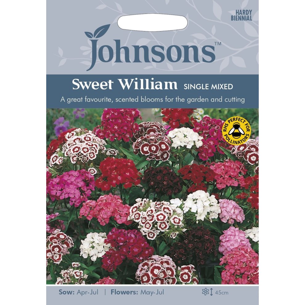 Pictorial seed packet featuring vibrant clusters of Sweet William flowers in shades of pink, red, and white, with planting details and Johnsons logo prominently displayed.