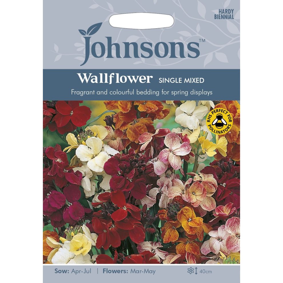 Johnsons Seeds packet featuring a vibrant mix of wallflower flowers in red, yellow, and orange hues, with sowing and flowering instructions on a white background.