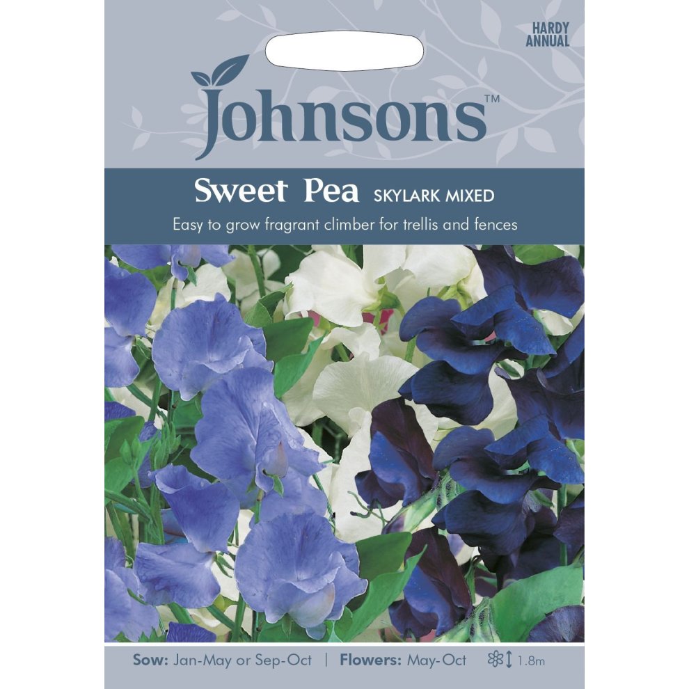 Pictorial seed packet for Johnsons Seeds featuring Sweet Pea Skylark Mixed, showcasing vibrant purple, blue, and white flowers, with sowing and flowering details.