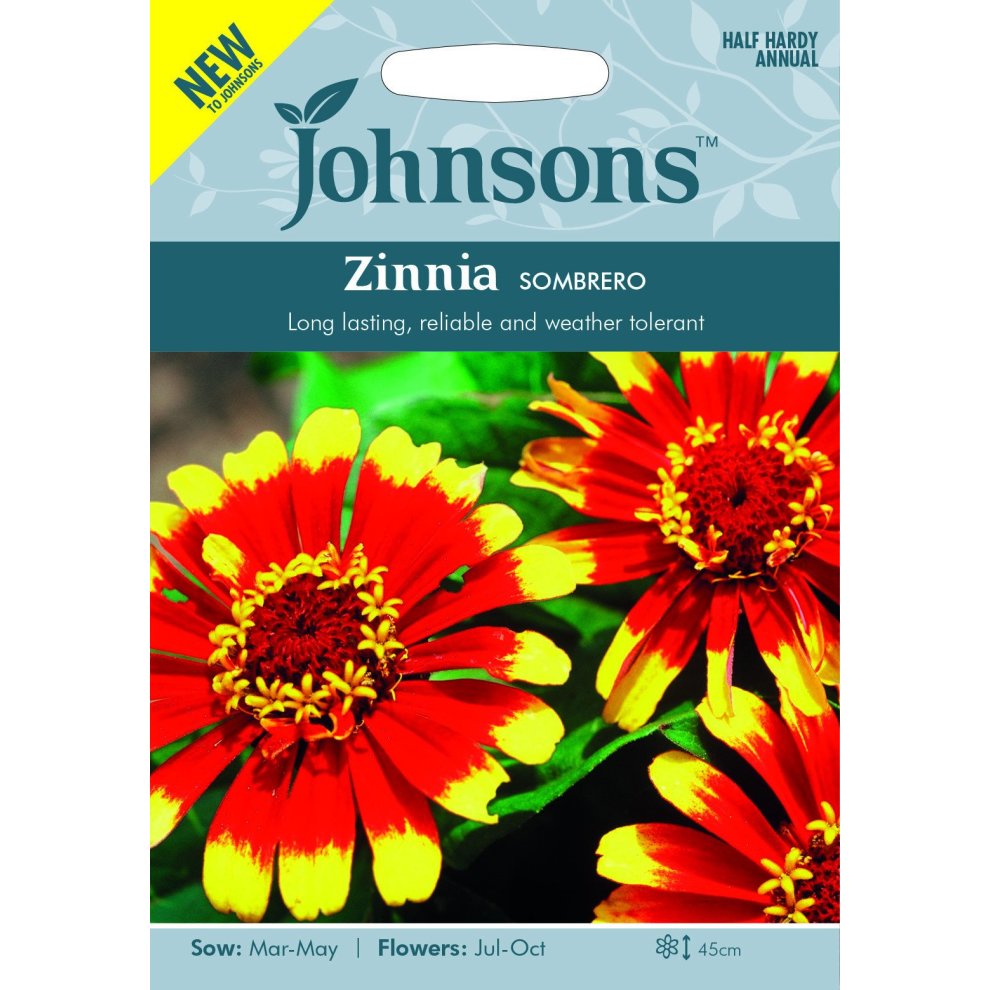 Brightly colored seed packet featuring vibrant red and yellow Zinnia Sombrero flowers, with planting details and branding from Johnsons Seeds.