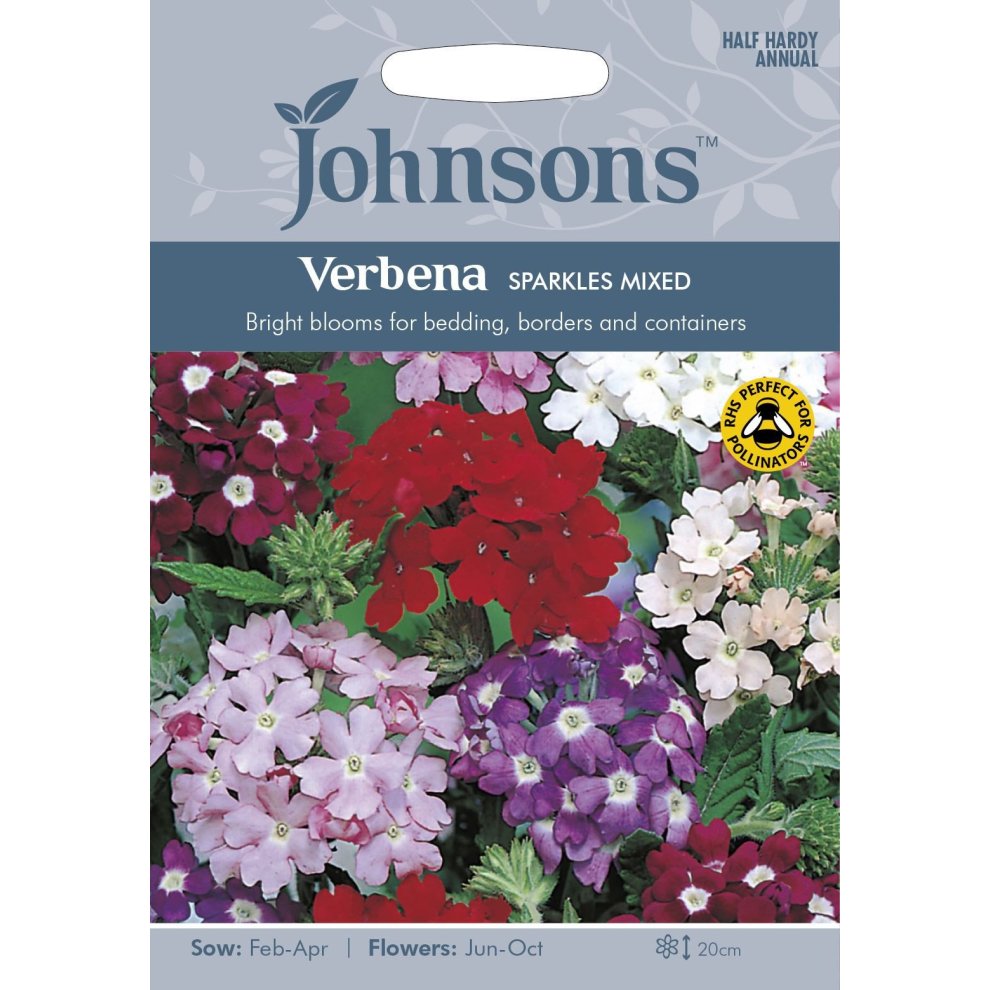 Pictorial seed pack featuring vibrant mixed colors of Verbena flowers, with a blue background, showcasing red, pink, and purple blooms, labeled for planting and pollinator attraction.