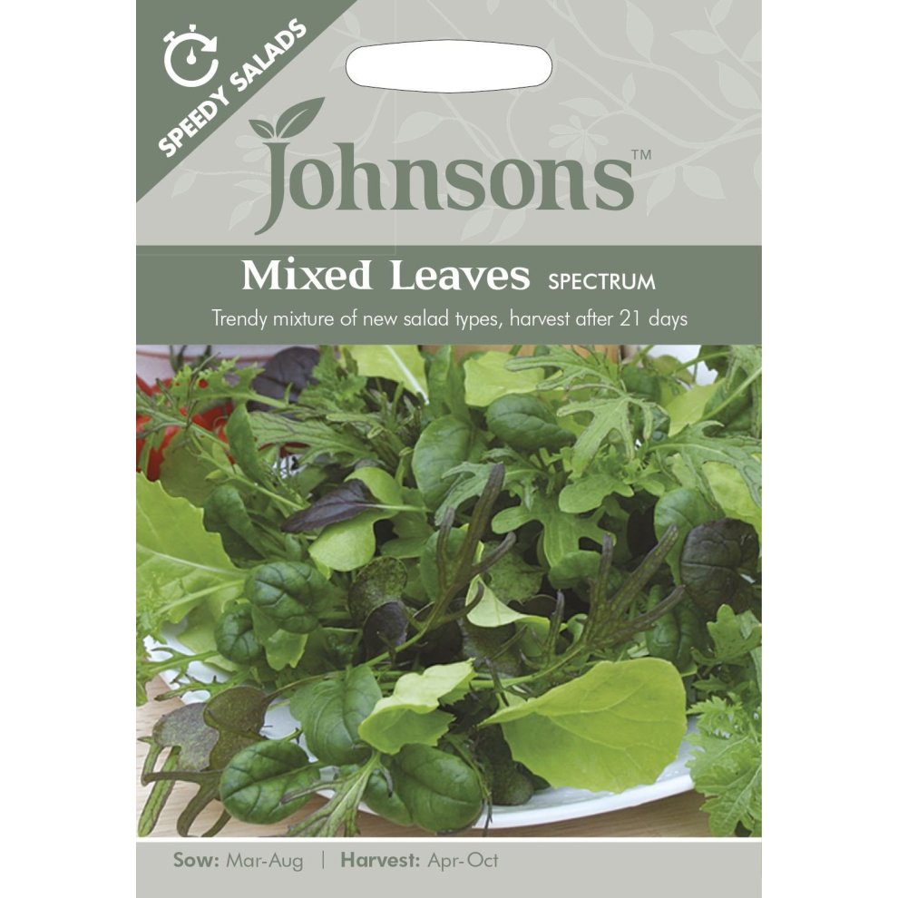 Pictorial seed pack featuring a variety of mixed leafy greens, with vibrant green and red leaves, labeled "Johnsons Mixed Leaves 'Spectrum'" and details on sowing and harvesting.