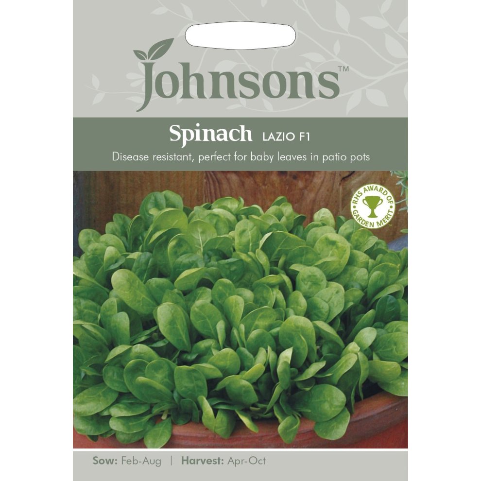 Johnsons Seeds Pictorial Pack for Spinach Lazio F1 features vibrant green spinach leaves, with a clear sowing and harvesting guide, and a disease-resistant label.