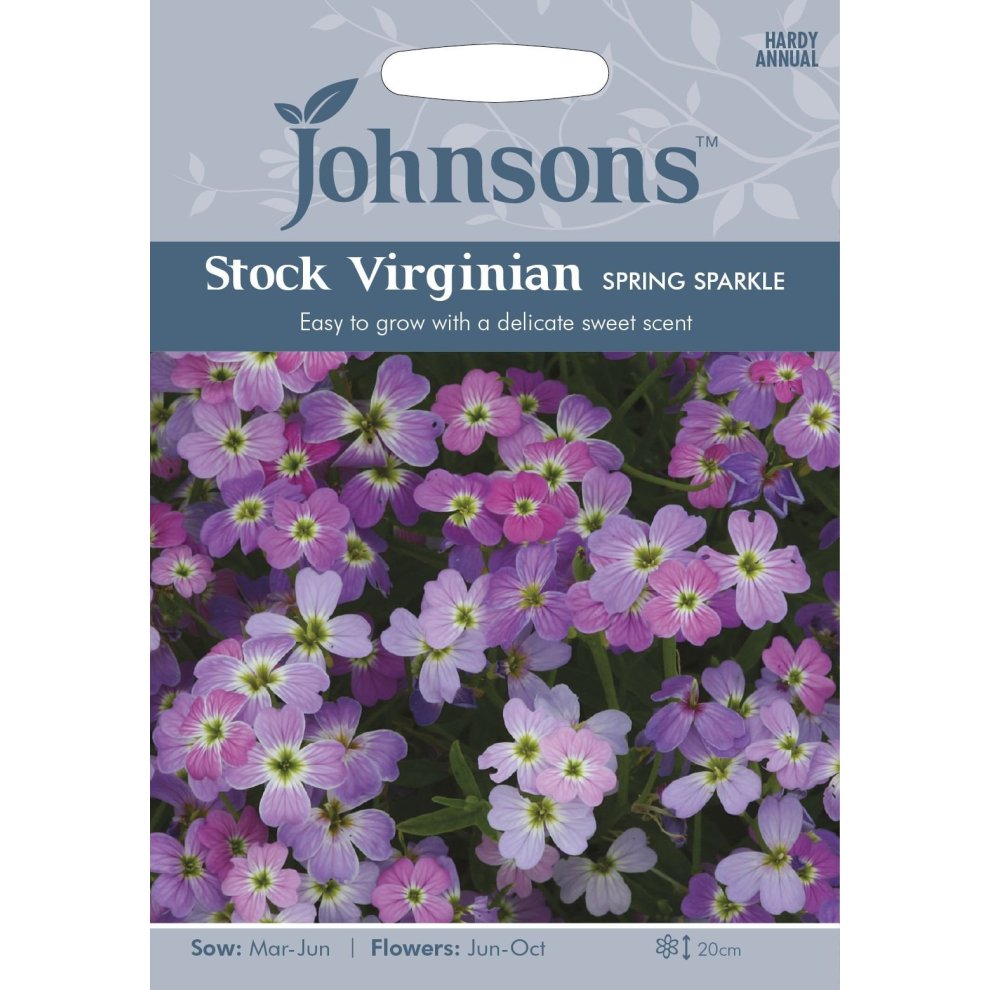 Pictorial seed pack featuring Johnsons Seeds logo, showcasing vibrant purple and white flowers with a sweet scent, labeled "Stock Virginian Spring Sparkle" and containing 750 seeds.