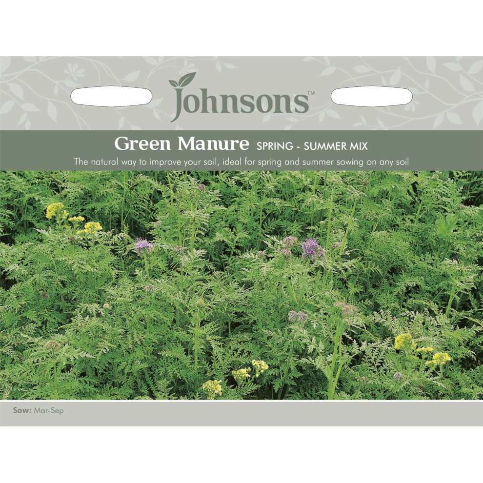 Johnsons Seeds Pictorial Pack featuring a green background with a floral design, labeled "Green Manure Spring/Summer Mix," showcasing various green plants and flowers.