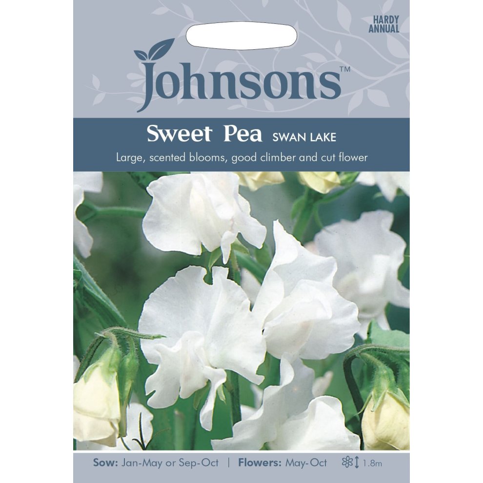 Johnsons Seeds pictorial pack featuring Sweet Pea Swan Lake with large, white, scented blooms, showcasing climbing flowers and a blue background with planting details.