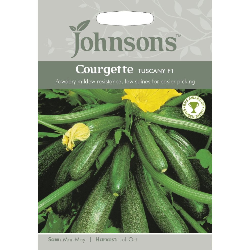 Johnsons Seeds Pictorial Pack for Courgette Tuscany F1 features vibrant green courgettes with yellow flowers, highlighting key details like powdery mildew resistance and harvest dates.