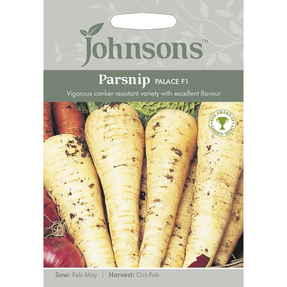 Pictorial seed packet for Johnsons Seeds featuring Parsnip Palace F1, showcasing several parsnips with a light cream color and earthy tones, along with sowing and harvesting details.
