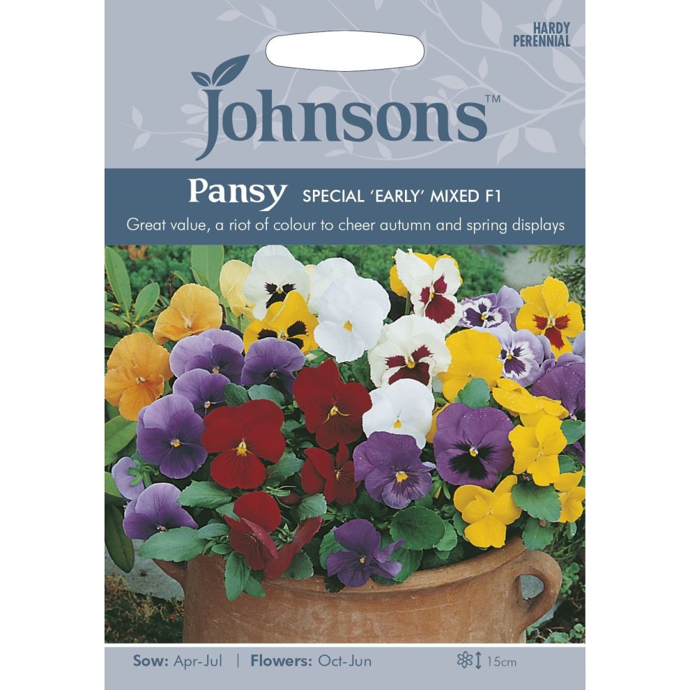 Pictorial seed pack featuring vibrant pansies in yellow, purple, white, and red, with planting instructions and a rustic pot background, labeled "Johnsons Pansy Special Early Mixed F1."