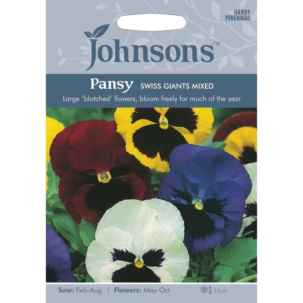 Pictorial seed packet featuring Johnsons Seeds branding, showcasing vibrant pansy flowers in purple, yellow, red, and white, with sowing and flowering details listed.