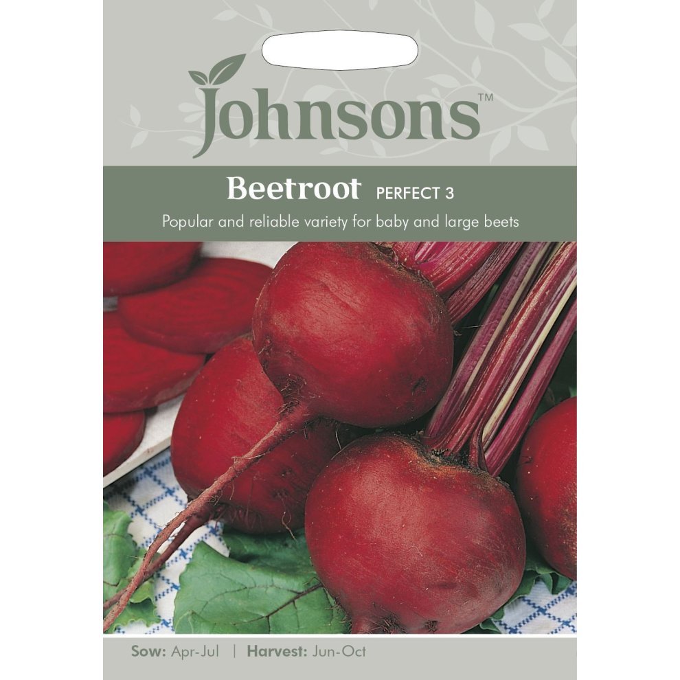 Johnson's Seeds Pictorial Pack featuring Beetroot Perfect 3, showcasing vibrant red beetroots with green leaves, labeled with sowing and harvesting details.