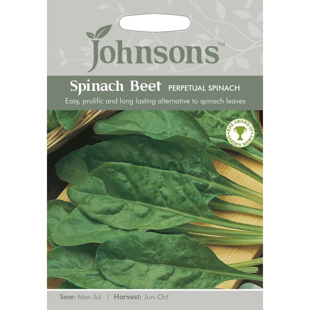 Green leafy vegetables displayed on a light gray seed packet, featuring the text "Johnsons Spinach Beet Perpetual Spinach" with sowing and harvesting details below.