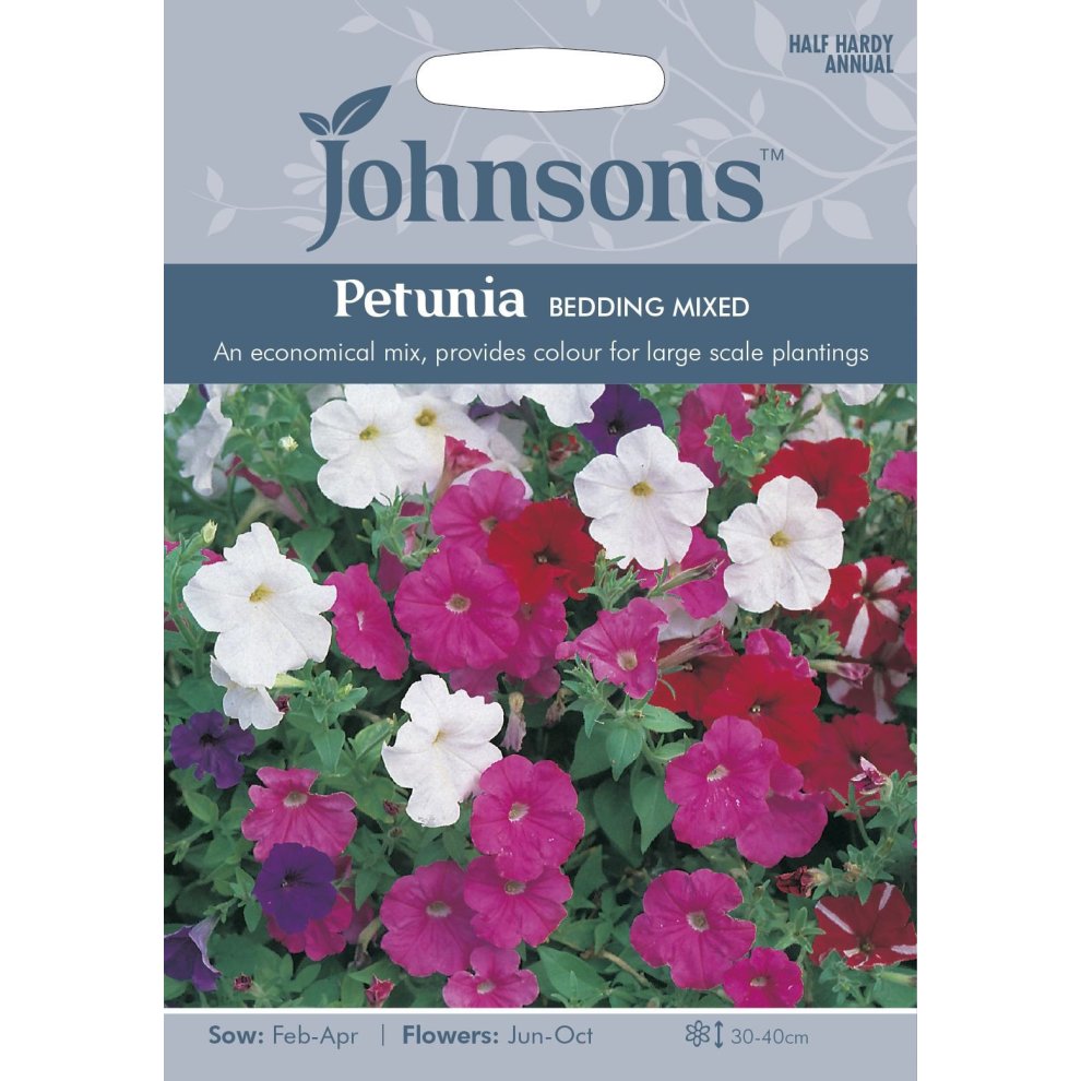 Colorful seed packet featuring a mix of pink, white, and purple petunias, with a light blue background and clear sowing instructions for flower planting.