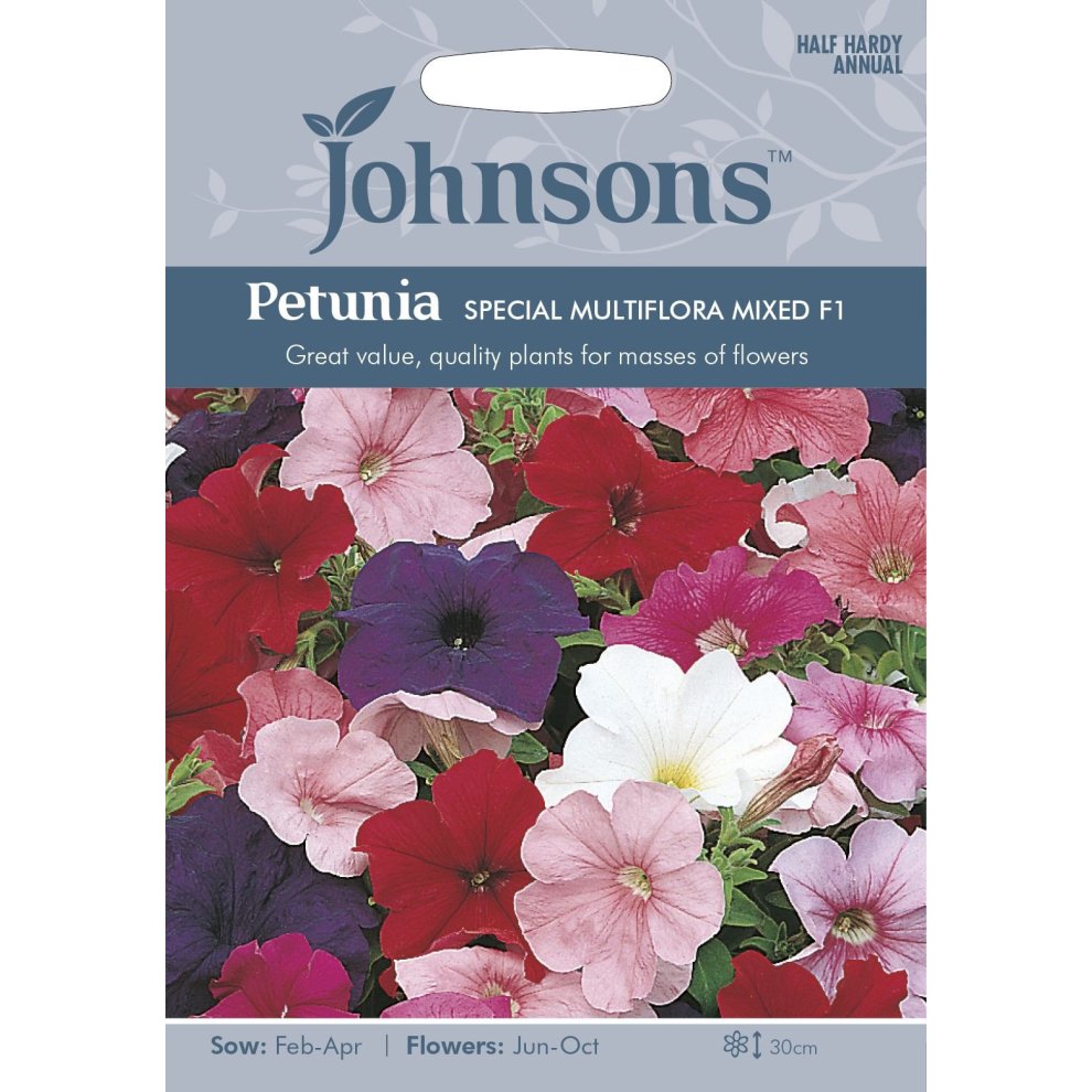 Colorful seed packet featuring a mix of petunia flowers in shades of pink, red, and white, with details on sowing and flowering times, set against a light blue background.