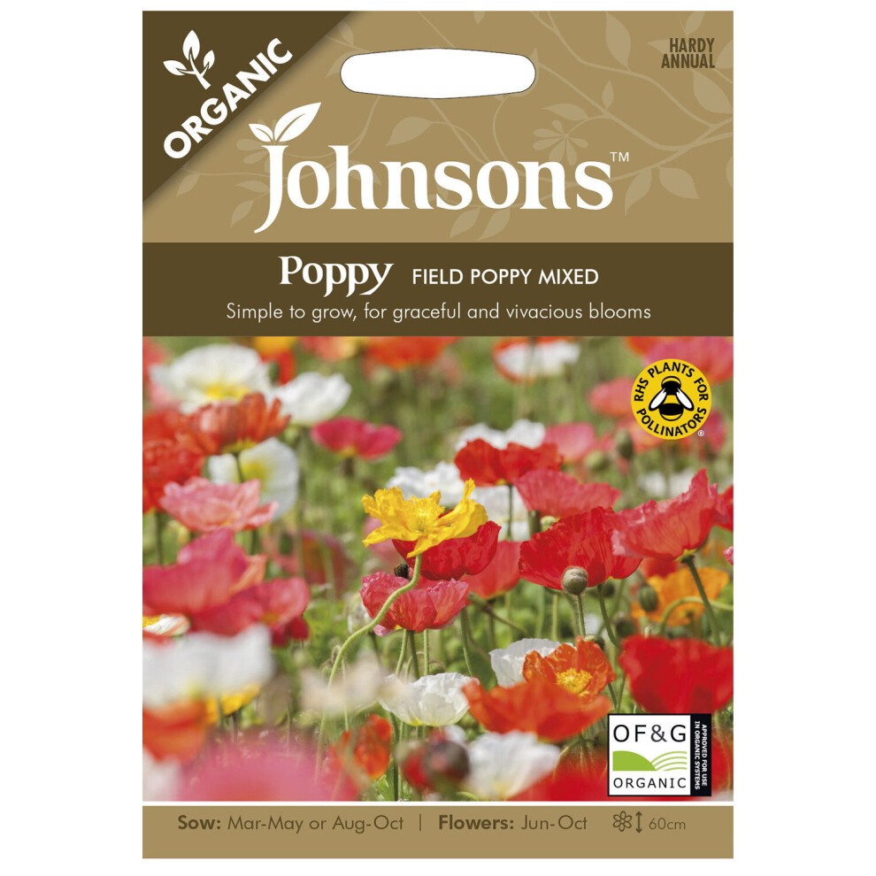 Brown packet featuring "Johnsons" logo, labeled "Organic Poppy Field Poppy Mixed Seeds," with colorful poppy flowers in the background and details on growth and flowering times.