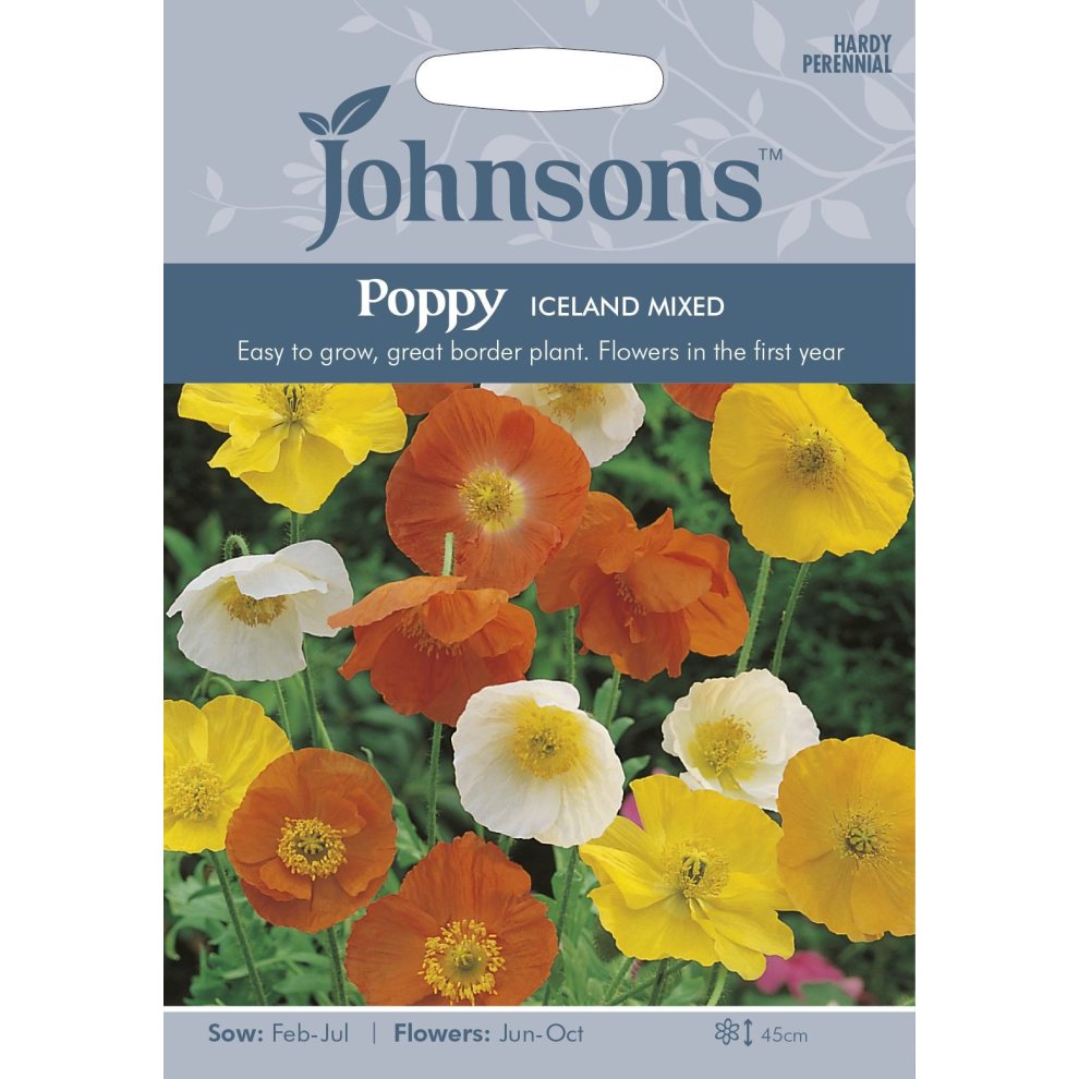 Colorful seed packet featuring Icelandic poppies in shades of orange, yellow, and white, with a floral background and details about sowing and flowering times.