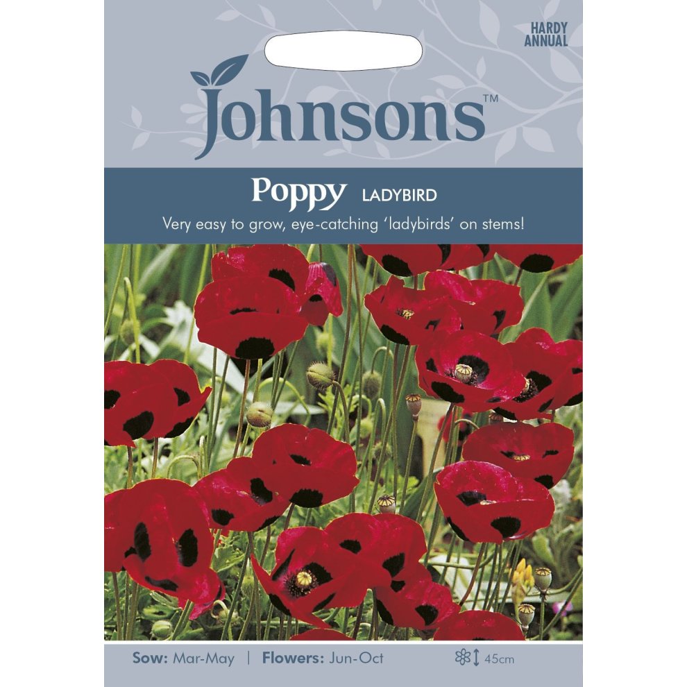 Brightly colored seed packet featuring red poppy flowers with black centers, labeled "Johnsons Poppy Ladybird," with details on sowing and flowering times.